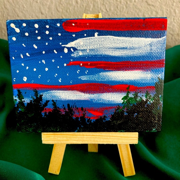 Other - tiny original painting usa flag landscape 3” x 4” with wood easel